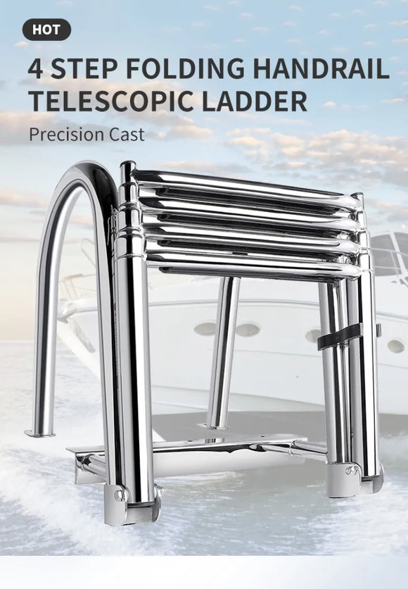 4 Step Boat Ladder Stainless Steel Folding Telescoping Ladder Heavy Duty Boat Ladder for Boat Yacht Dock