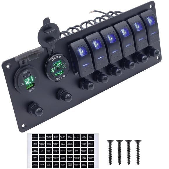 6 Gang Marine Rocker Switch Panel With Circuit Breaker PD USB Socket Voltmeter 12V-24V Car Boat Toggle Switch Panel Waterproof