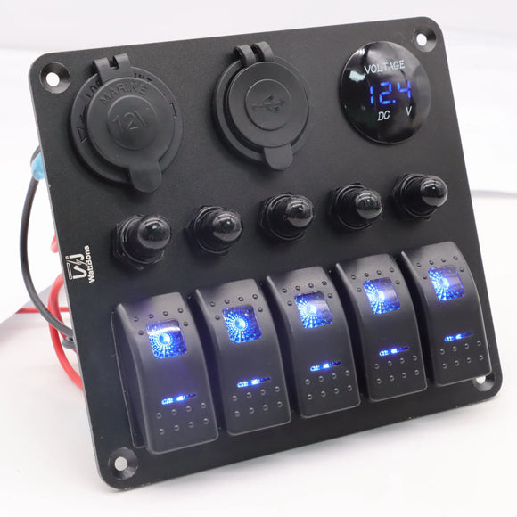 5 Gang Marine Rocker Switch Panel Boat Dual USB Socket Voltmeter Overload Protection 12V 24V Car Waterproof Touch Switch Panel