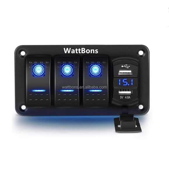 3 Gang Rocker Switch Board 12V 4.8A Dual USB Charger Truck Boat Power Adapter Marine Waterproof Switch Panel With LED Voltmeter