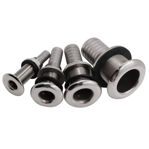 Barbed Extra Long Straight Thru-Hull Marine Stainless Steel 316 Boat Thru Drain Connector Fittings with Nut& 1/2