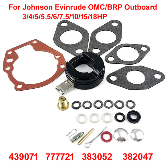 Carburetor Rebuild Kit With Float For Johnson Evinrude 3-10 HP Outboards – Replaces 439071, 383052